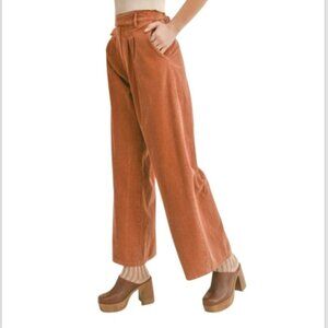 Sage The Label Kahlo Washed Corduroy Pleated Wide-Leg Pants in Rust